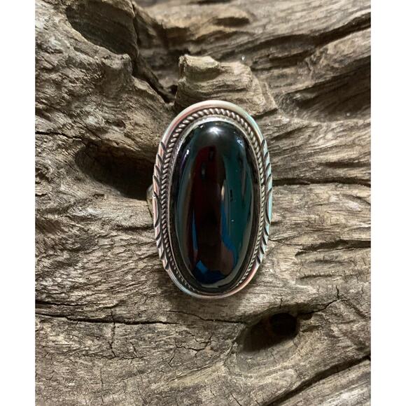 Black Onyx and Sterling Silver Vintage Ring, Size 9 Signed - Picture 1 of 6